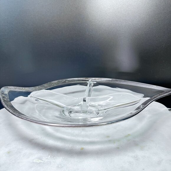 Vtg Art Clear Glass Divided Relish Serving Dish Silver-Plated Trim MCM Retro - Picture 4 of 9